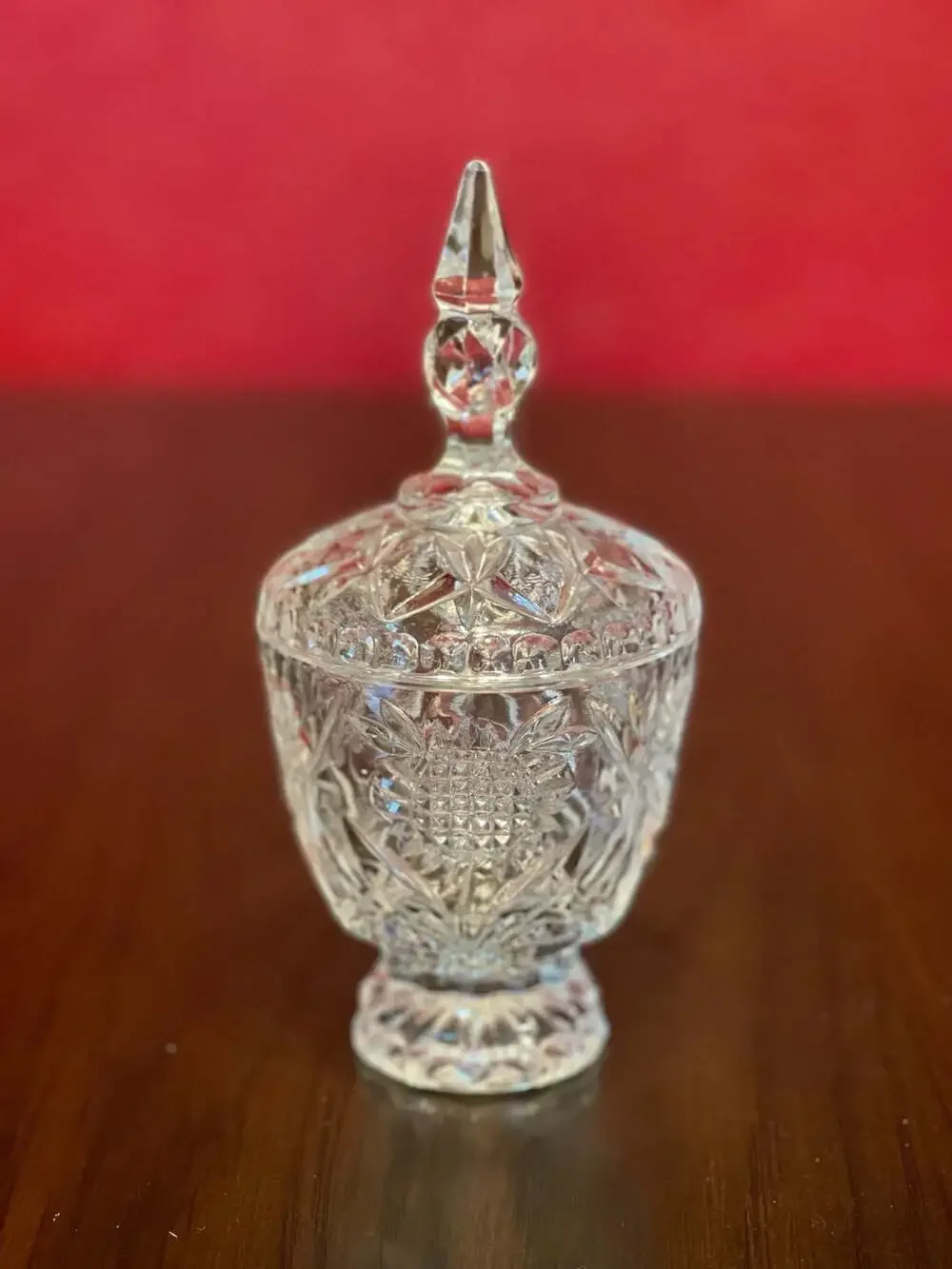 Vintage Footed Cut Lead Crystal Lidded Candy Dish with Pinwheel and Hobstar Desi